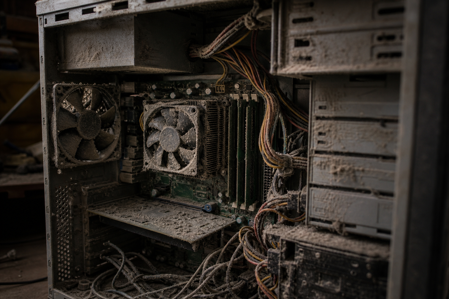 Interno di un PC impolverato prima dell'intervento