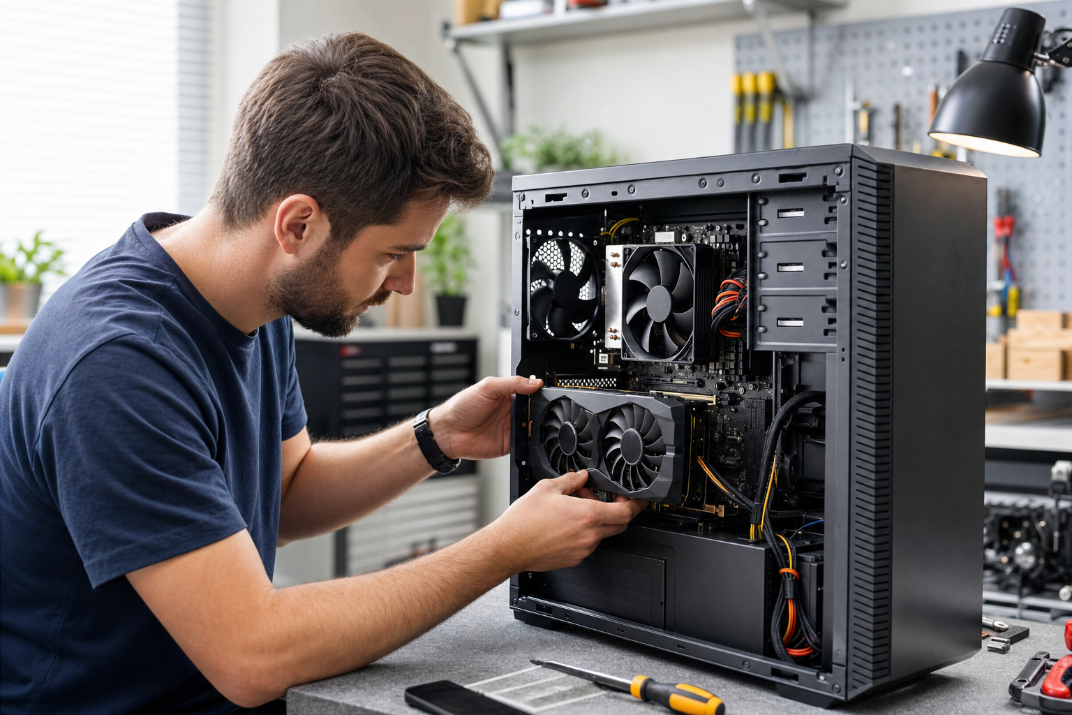Tecnico che installa una scheda video in un PC desktop